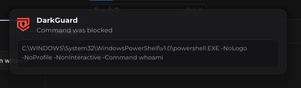 DarkGuard notification showing that a powershell command was blocked.