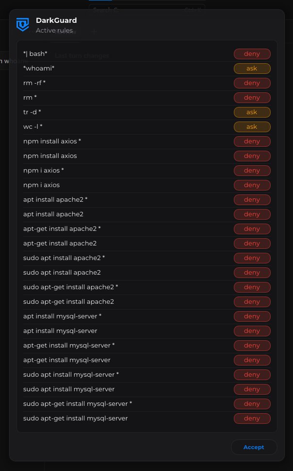 DarkGuard active rules listing patterns like rm -rf, npm install, apt install with allow, deny or ask verdicts.